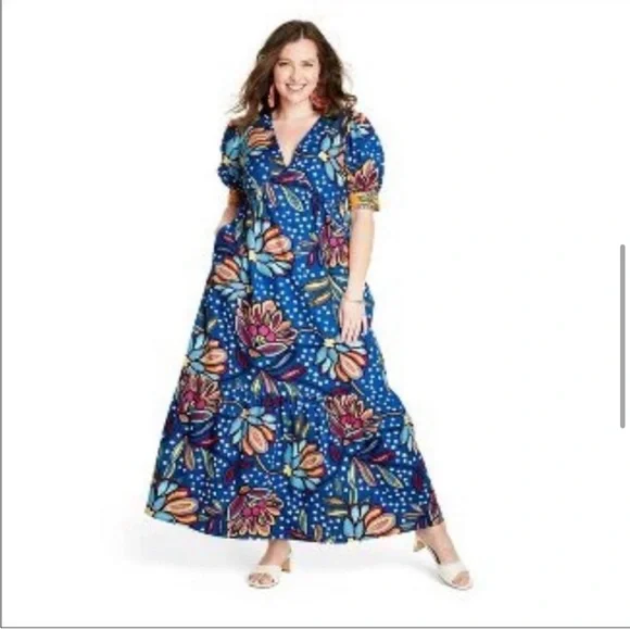 New! Tabitha brown for target SZ 20/22W blue floral polka dot puff sleeve  dress. Women